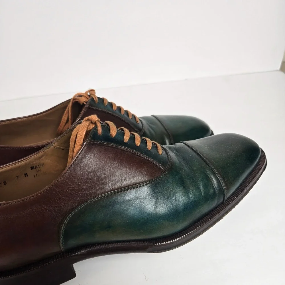 Barney's New York Men's Sz 7 Cap-Toe Oxford Green Luxury Leather Cap Dress Shoes